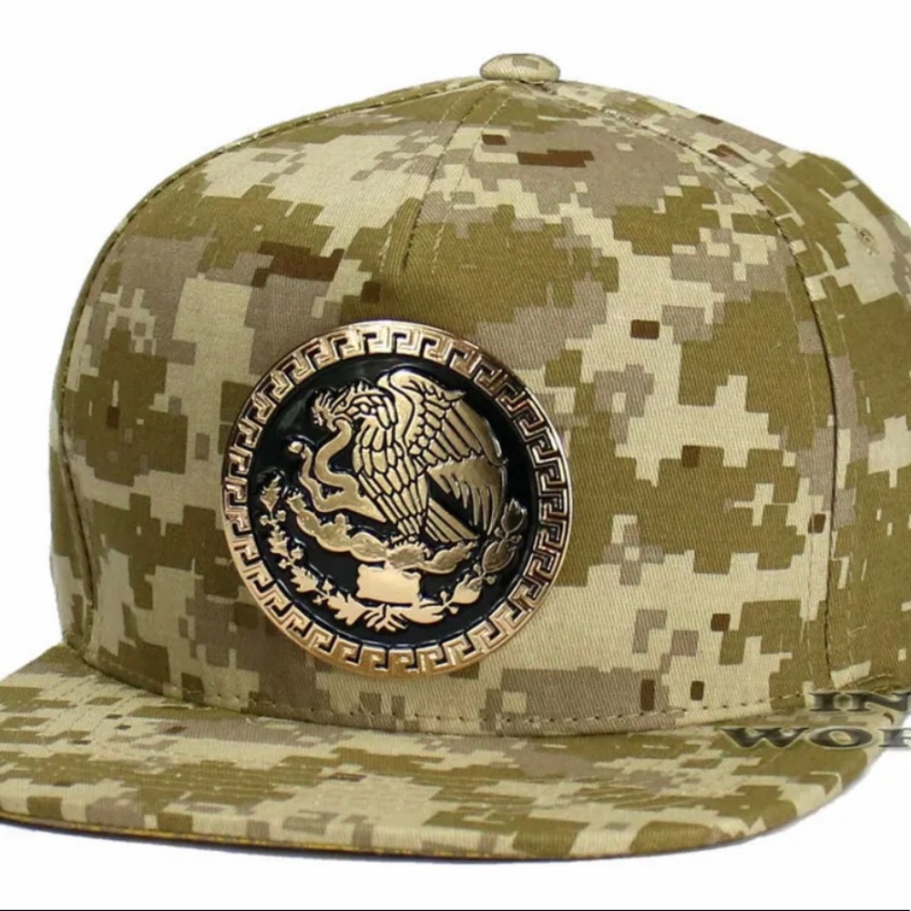Mexican Mexico Hat Federal Metallic Gold Logo Snapback Flat Bill Baseball Cap